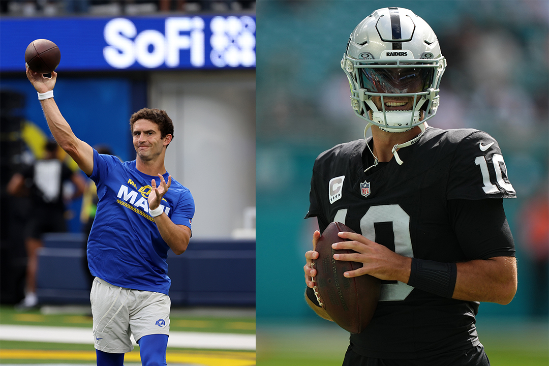 Los Angeles Rams quarterback Stetson Bennett (left) and then-Las Vegas Raiders' Jimmy Garoppolo (right).